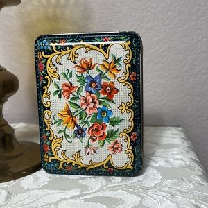 England Made Little Floral Tin Treasure Box Hinged Black Floral